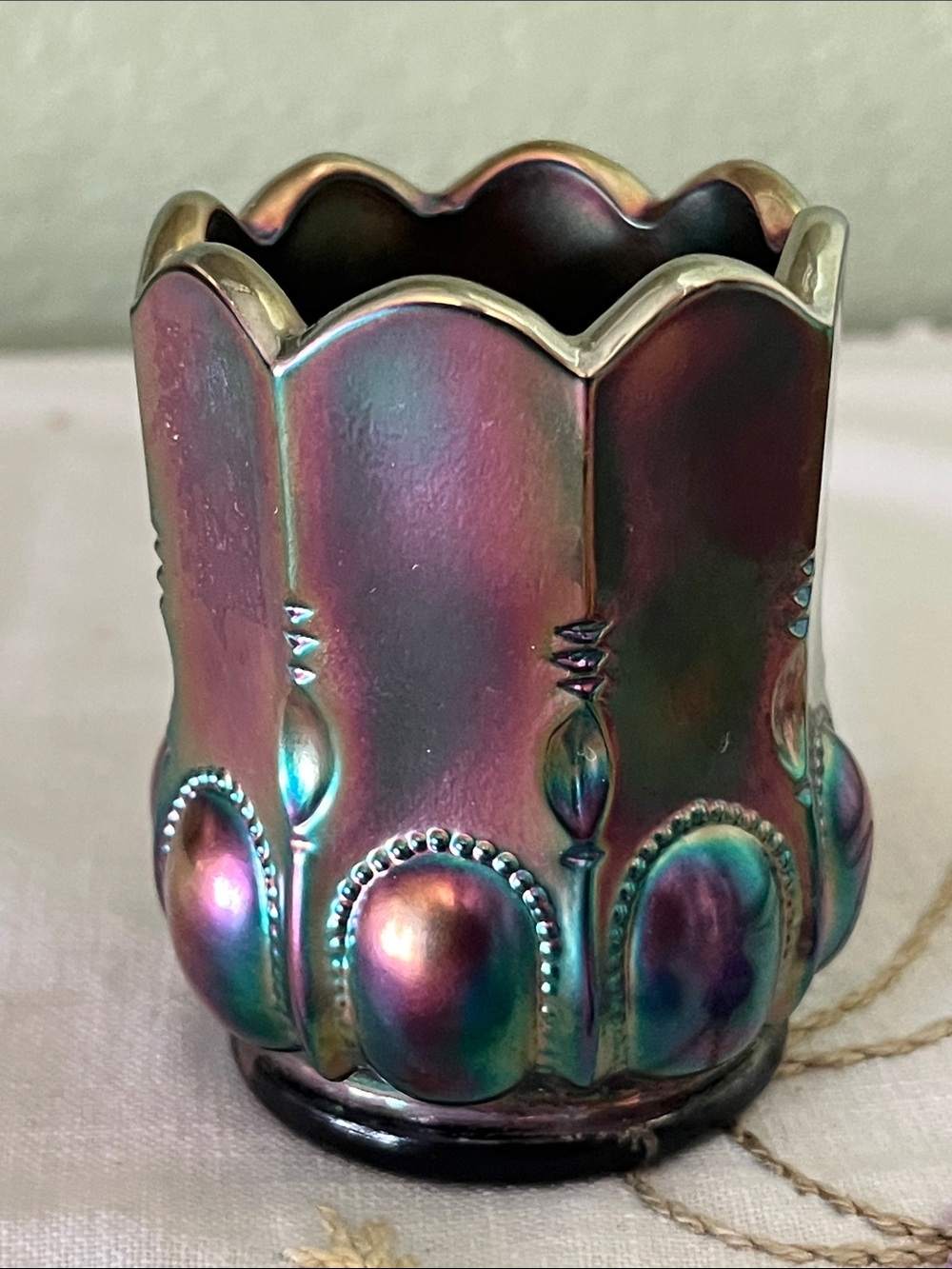 Vintage Degenhart Michigan Beaded Oval Purple Carnival Glass Toothpick Holder